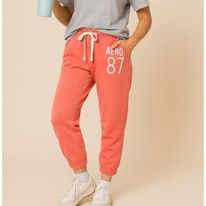 Aeropostale Sweatpants “Aero 87” L Coral Cropped Embroidered Logo Joggers Visco